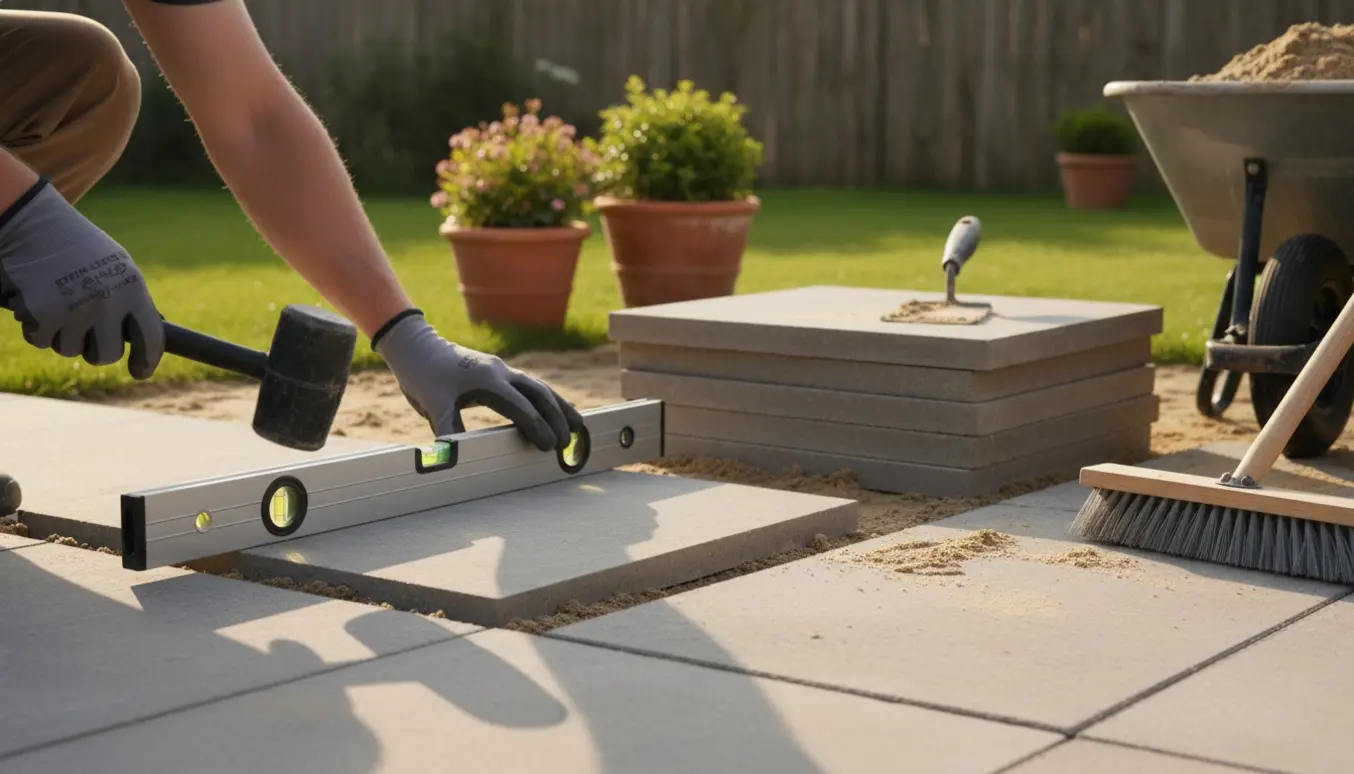 Nærbillede af hænder, der lægger fliser i haven og udvider en eksisterende terrasse.