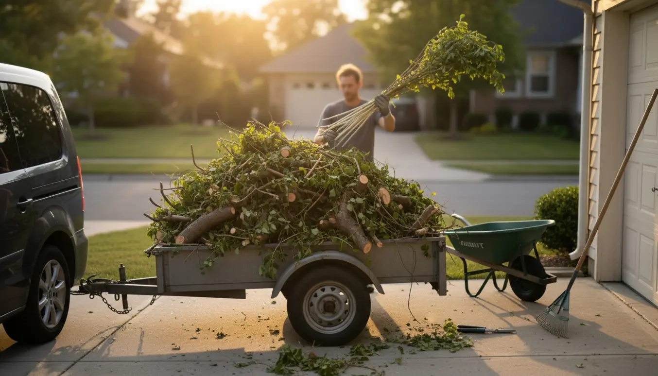Trailer fyldt med grene og kviste i en indkørsel klar til afhentning.