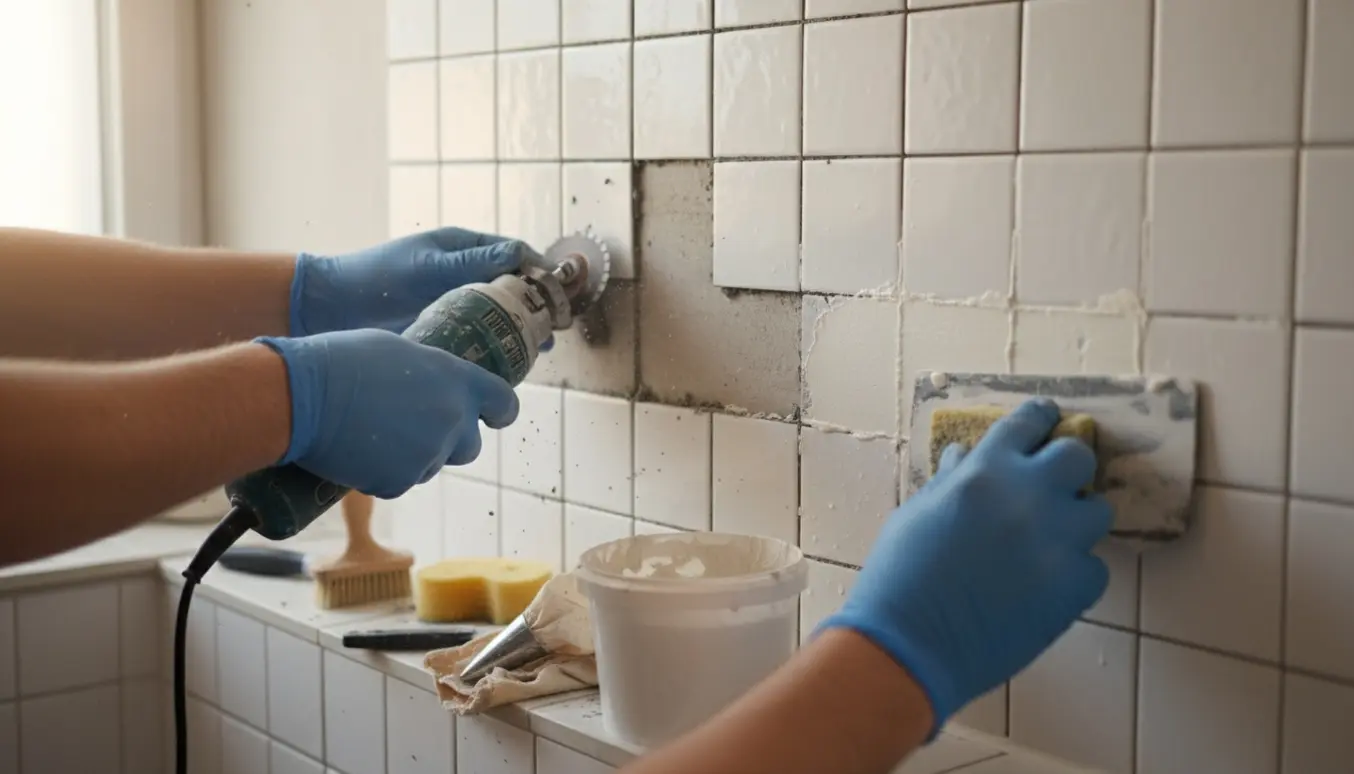 Nærbillede af handskerede hænder, der udkradser gamle fuger og påfører nye hvide fuger på vægfliser.