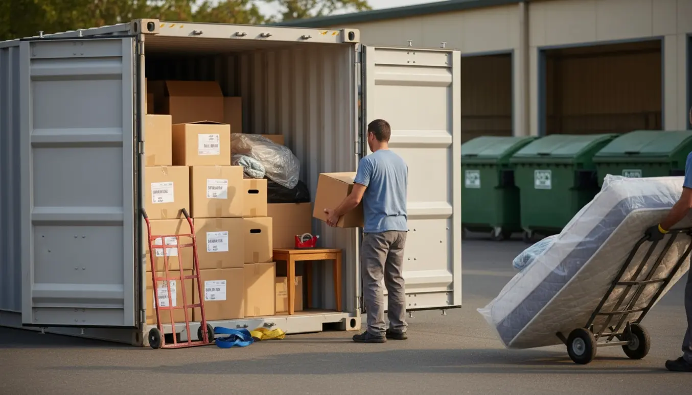 Åben 10 fods container ved en genbrugsplads med flyttekasser, møbler og en madras på vej til aflevering.