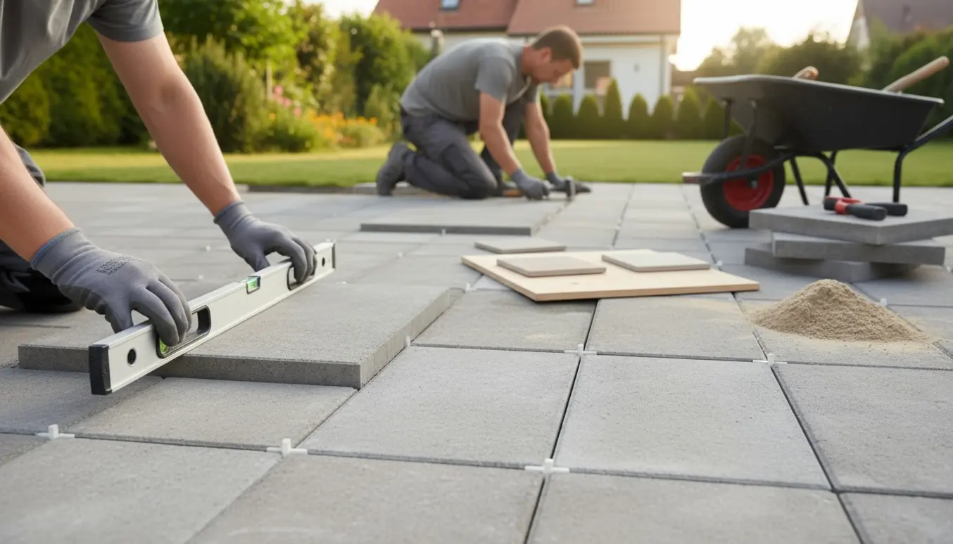Nærbillede af lægning af 40x40x8 fliser på en stor terrasse med værktøj og stakke af fliser, ingen mønster.