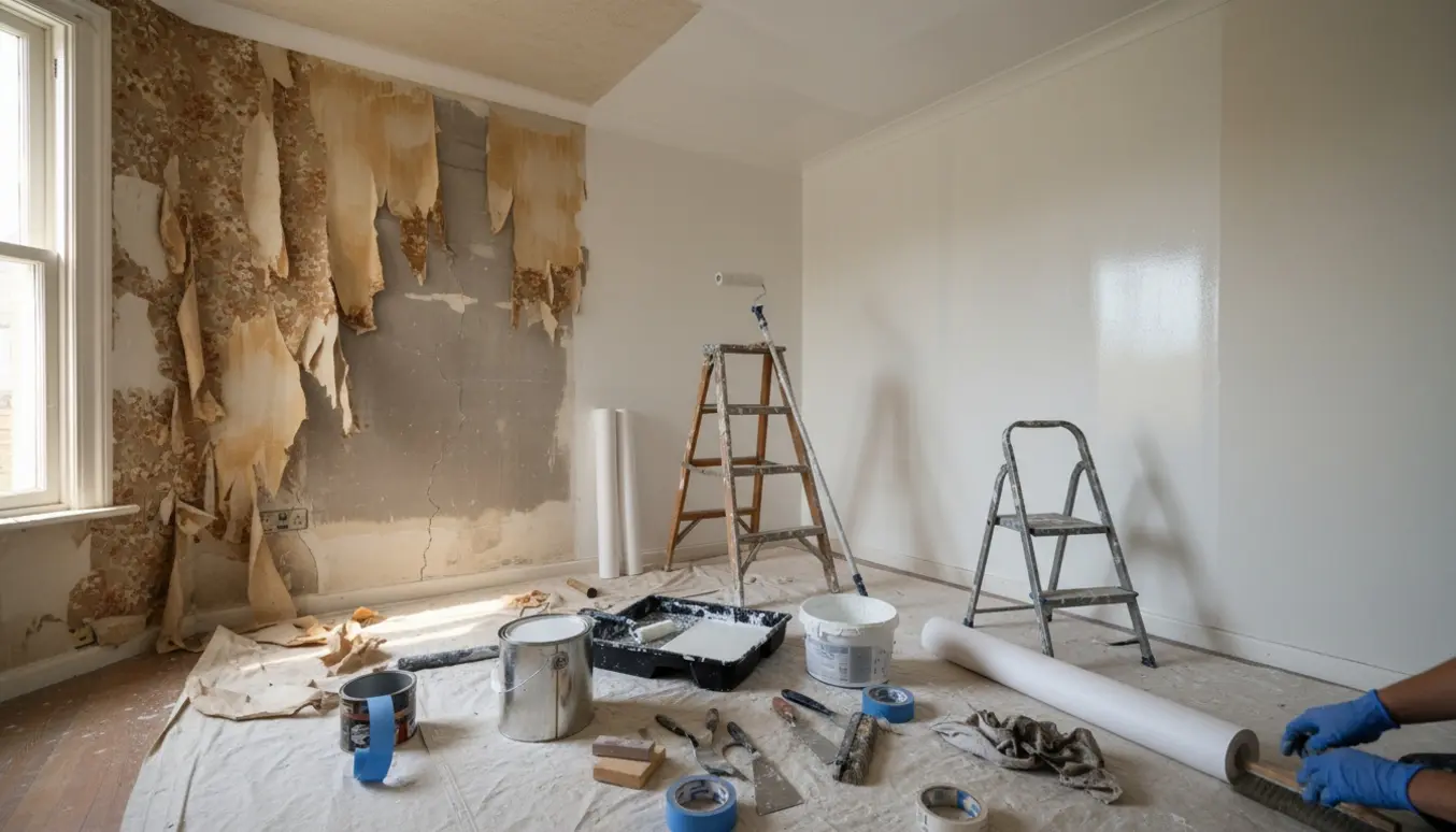 Værelse under renovering med filt på væggen, malerbøtter, spartelværktøj og loft malet hvidt.