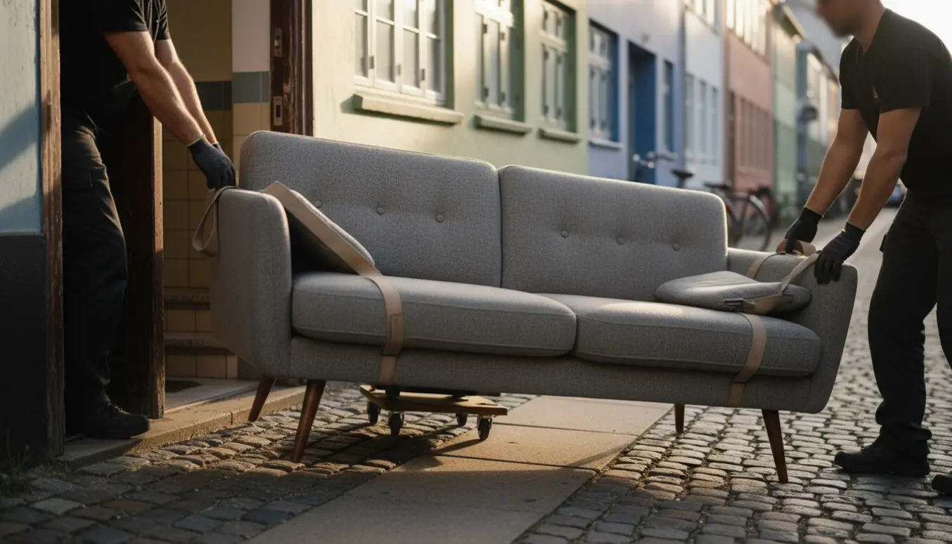 Sofa bæres ind gennem en smal københavnsk opgang med flyttetæppe og dolly.