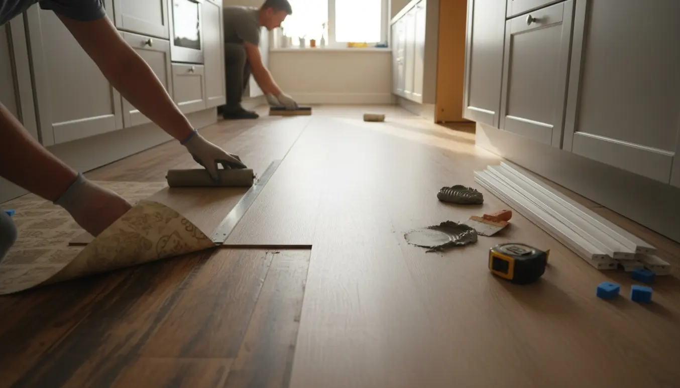 Køkken hvor nyt vinylgulv lægges ovenpå trægulv med værktøj og nye lister klar.