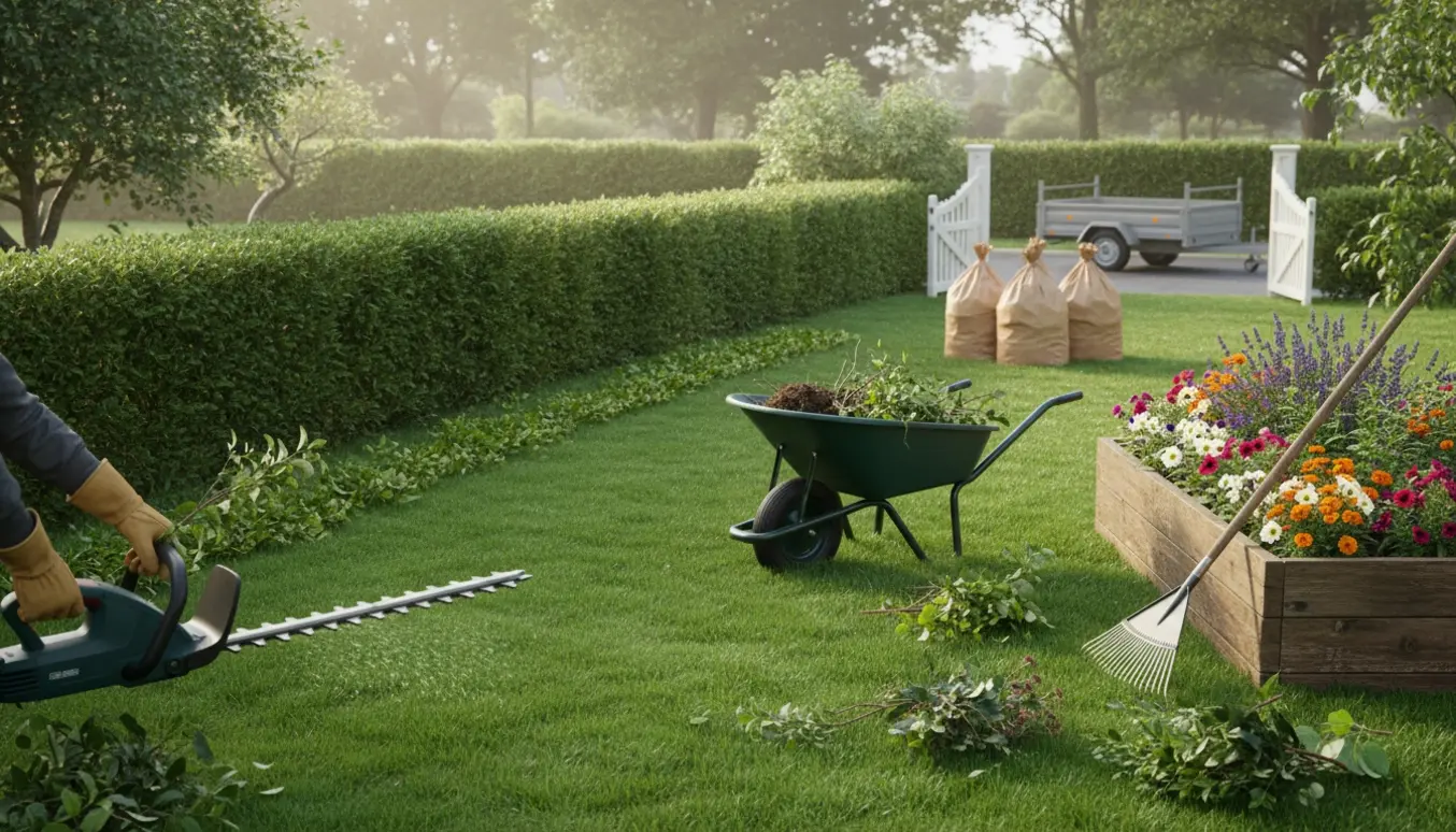 Rummelig have hvor ukrudt fjernes og en hæk klippes, med haveaffald samlet i trillebør og sække.