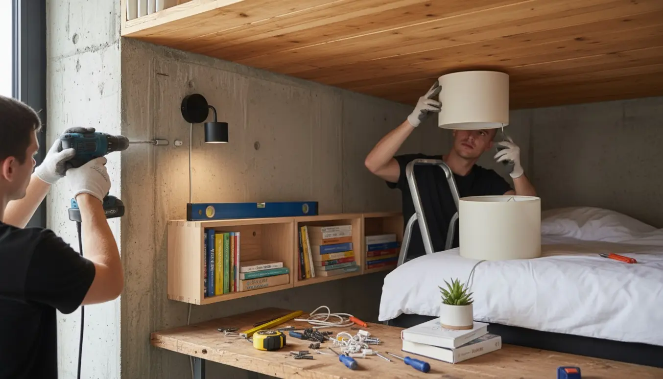 Installering af lamper og tre bogkasser på en betonvæg i en studiebolig med værktøj i forgrunden.