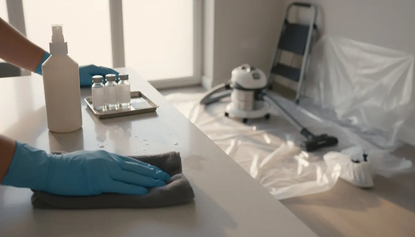 Hænder i handsker rengør en køkkenbordplade med specialudstyr og beskyttelsesmaterialer.