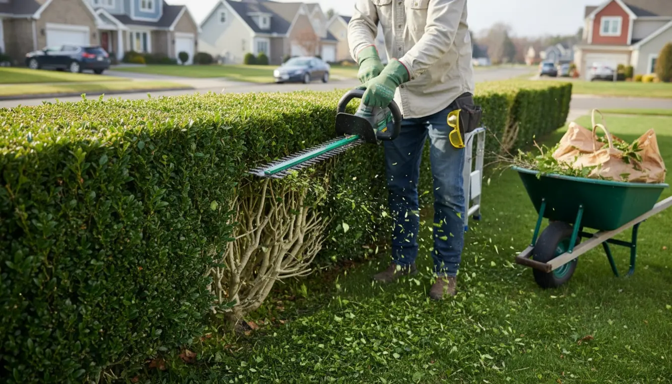 Hæk trimmeres til ens højde med en elektrisk hækkeklipper og friskt haveaffald i en trillebør.