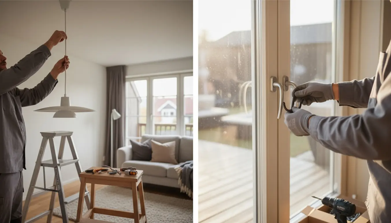 Hænder monterer en Lightpoint‑stil pendel i loftet og en stormkrog på en terrassedør i et lyst, skandinavisk rum.