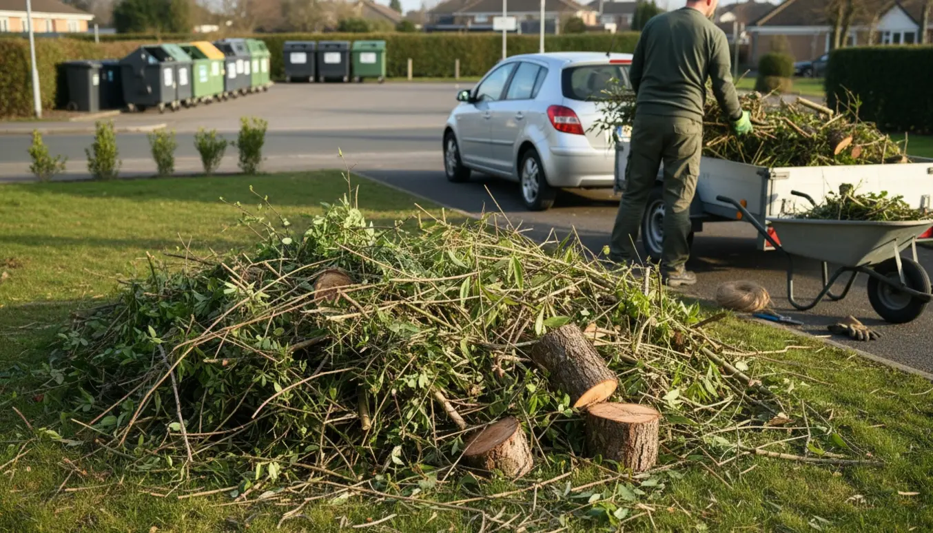 Blandet haveaffald med hækklip, visne bambusstængler og brænde ved trailer klar til genbrugspladsen.