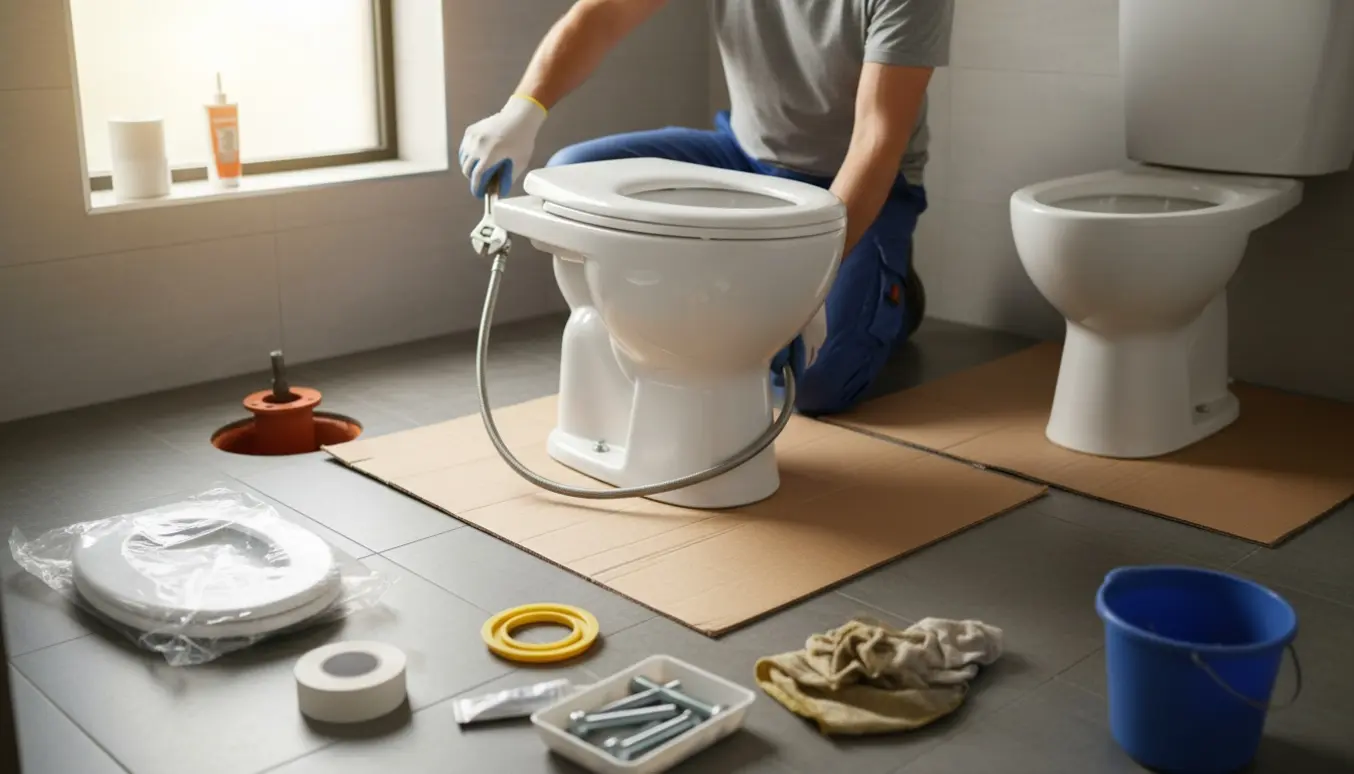 Nyt toilet installeres i et lyst badeværelse med multiflex-slange og værktøj, uden synlige ansigter.