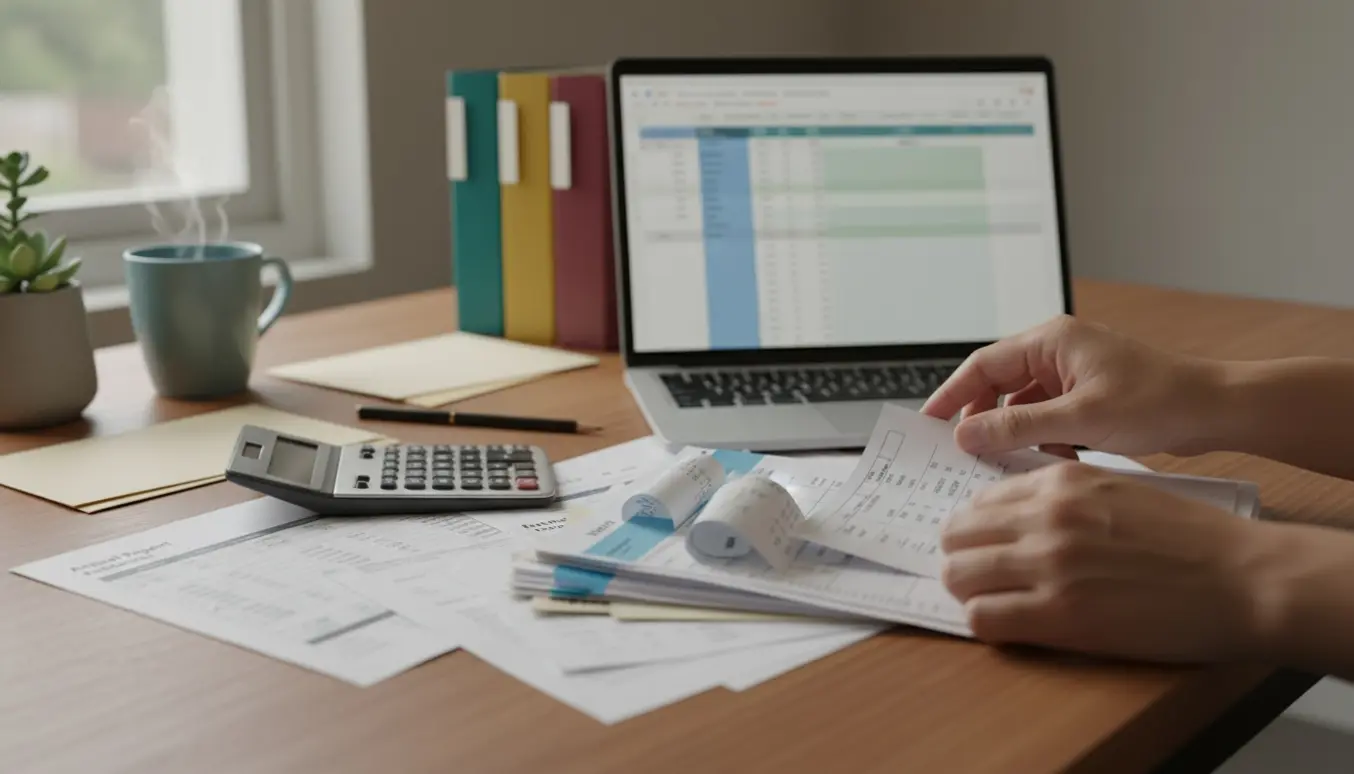 Hænder sorterer kvitteringer og regnskabsdokumenter på et ryddeligt skrivebord med laptop og lommeregner.