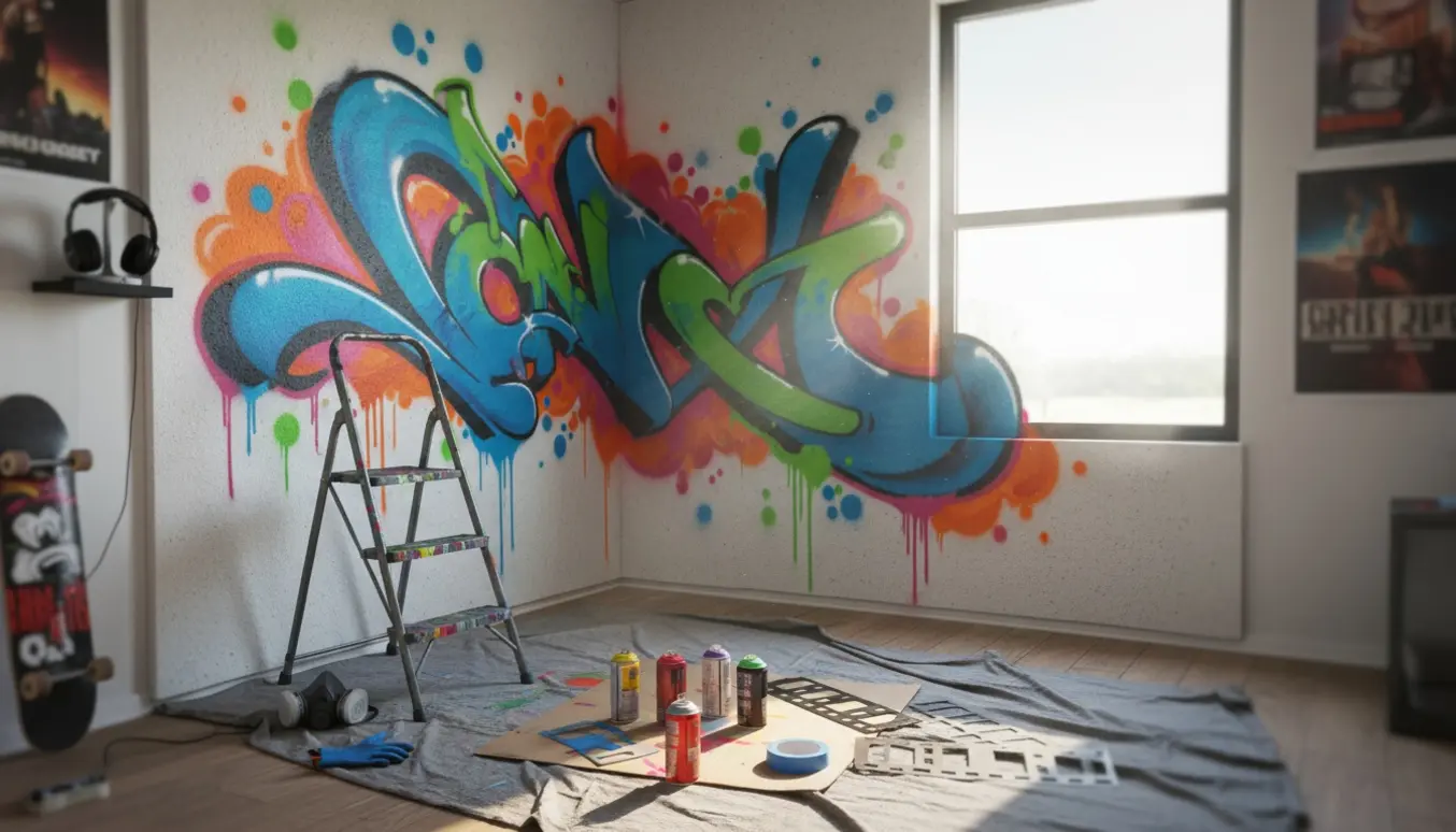 Graffiti under opbygning i et teenageværelse med farverige spraymønstre og malersager i forgrunden.