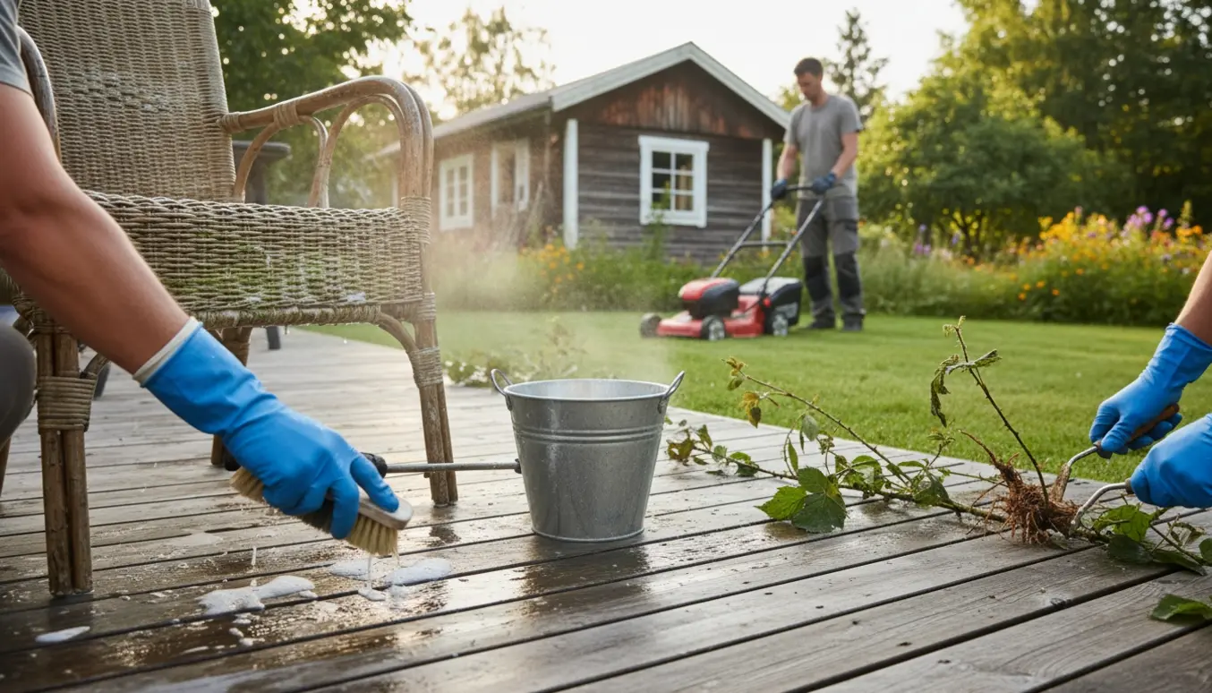 En person vasker algegroede havemøbler på en træterrasse, trækker brombærskud op mellem brædderne, mens en plæneklipper kører i baggrunden.