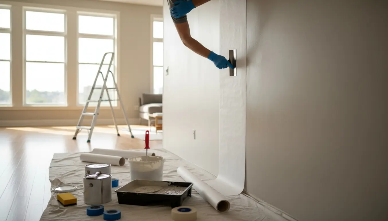 Lyst stuehjørne under renovering med filt på væggen, malerbøtter og værktøj klar.