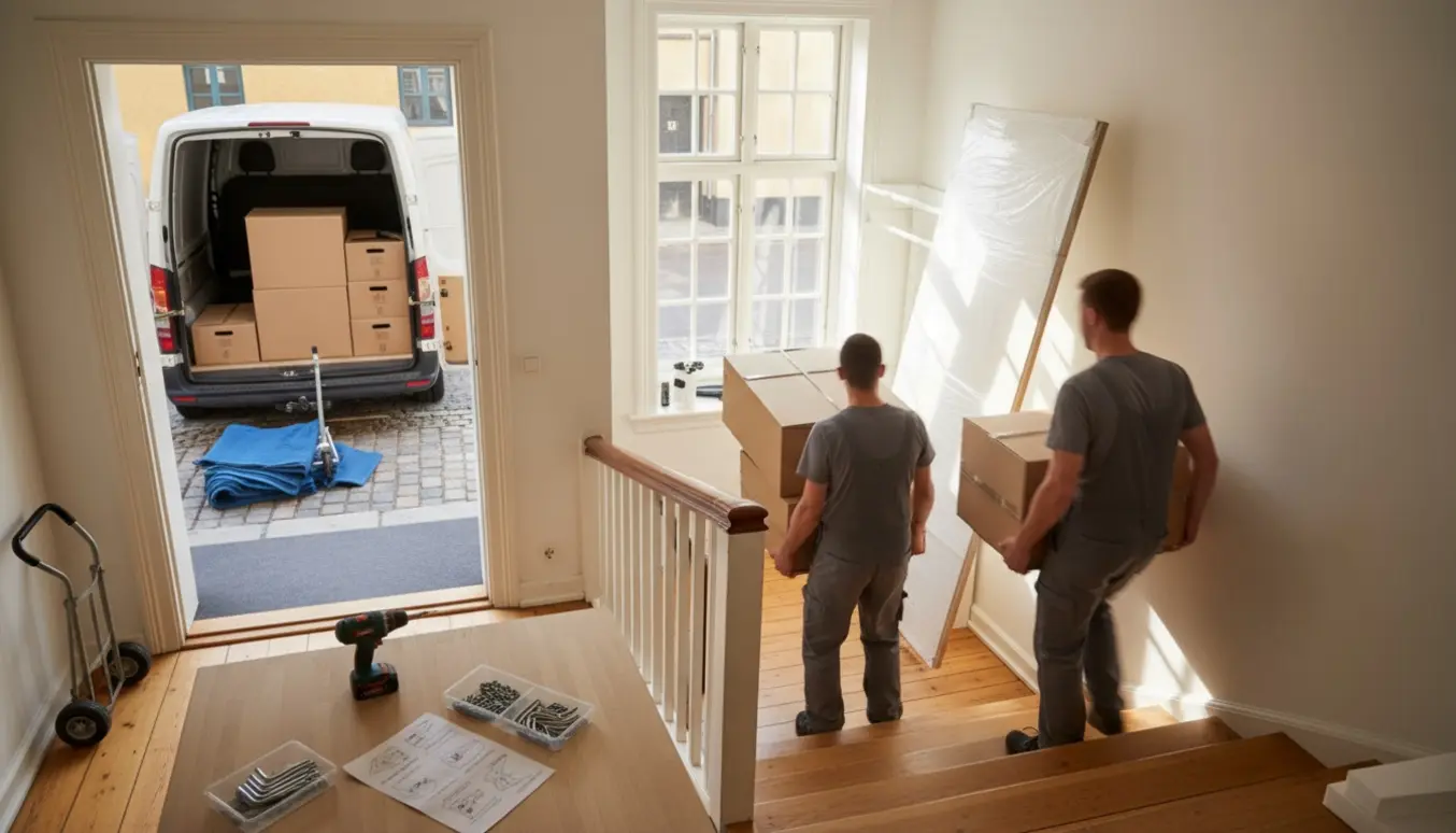 To flyttefolk bærer en skabsplade op ad trappen i en københavnsk lejlighed med værktøj og pakket skab klar til montering.