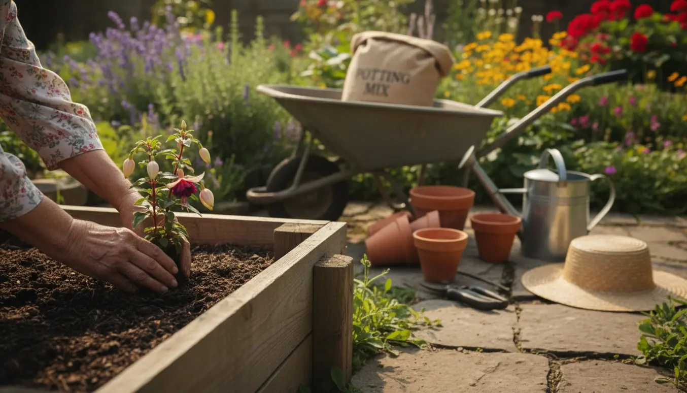 Ældre kvinde får hjælp med at plante blomster i et forhøjet bed, kun hænderne er synlige.