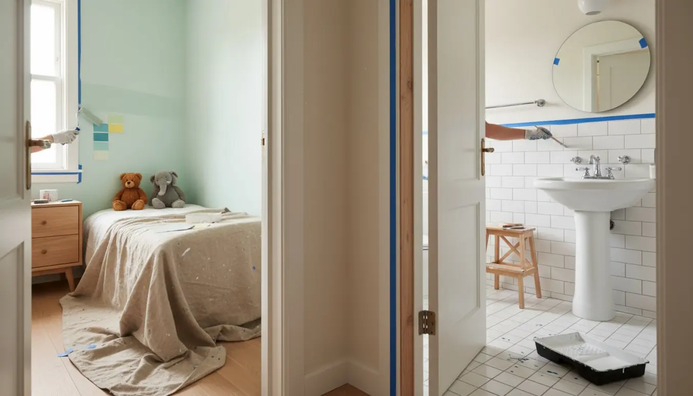 En maler opfrisker et pastelfarvet børneværelse og maler trim i det tilstødende badeværelse uden synlige ansigter.