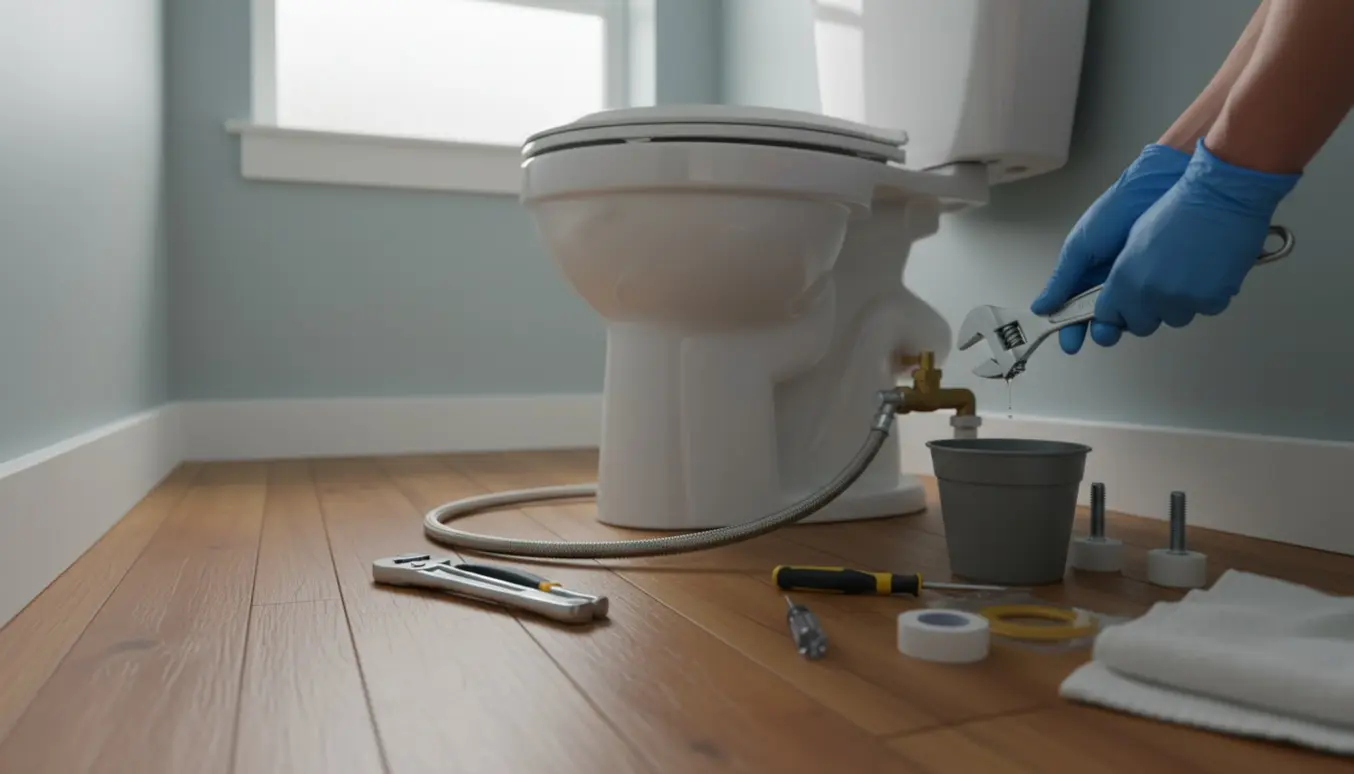 Hænder forbinder et nyt gulvstående toilet i et smalt badeværelse med trægulv og værktøj på gulvet.
