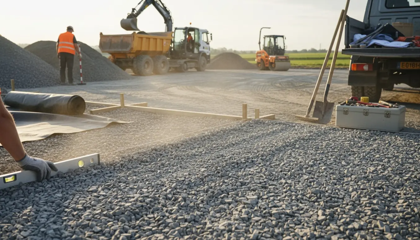 Nyanlagt grusvej med gravemaskine, bunker af grus og udjævnet parkerings- og vendeplads til fem biler.