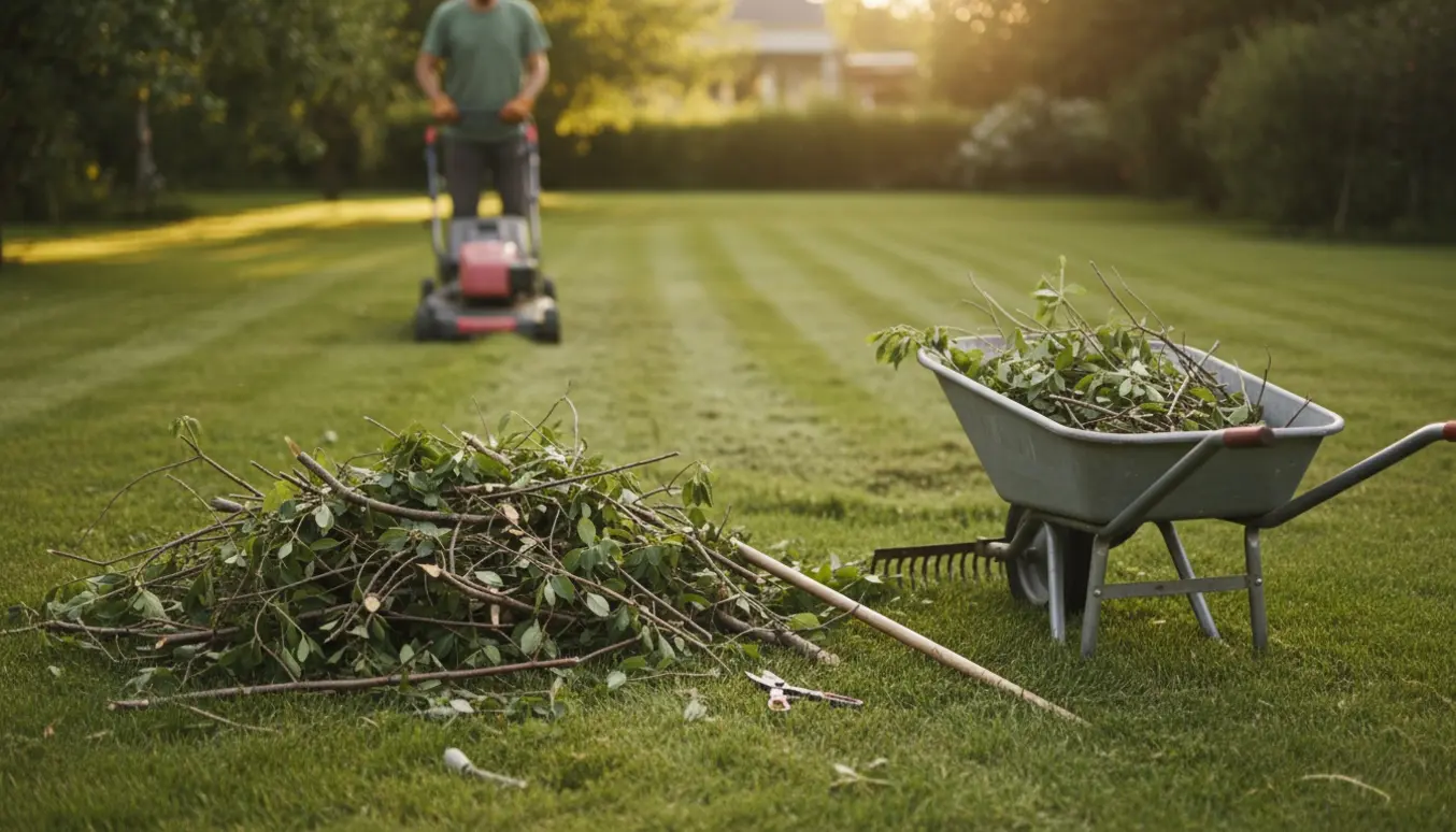 Bunke grene ved siden af en plæneklipper, mens græsset lige er slået.