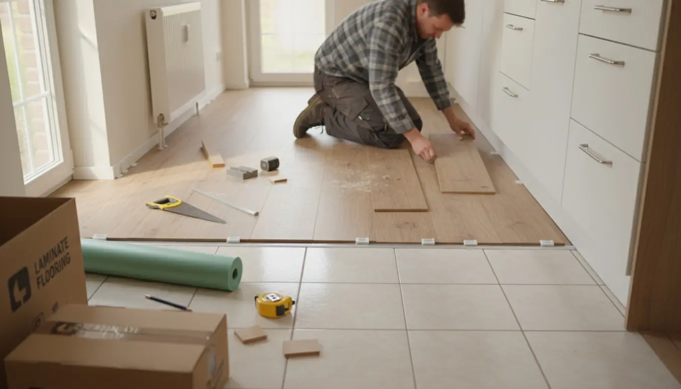 Delvist lagt laminatgulv i køkken-alrum og gang med planker, værktøj og underlag klar.