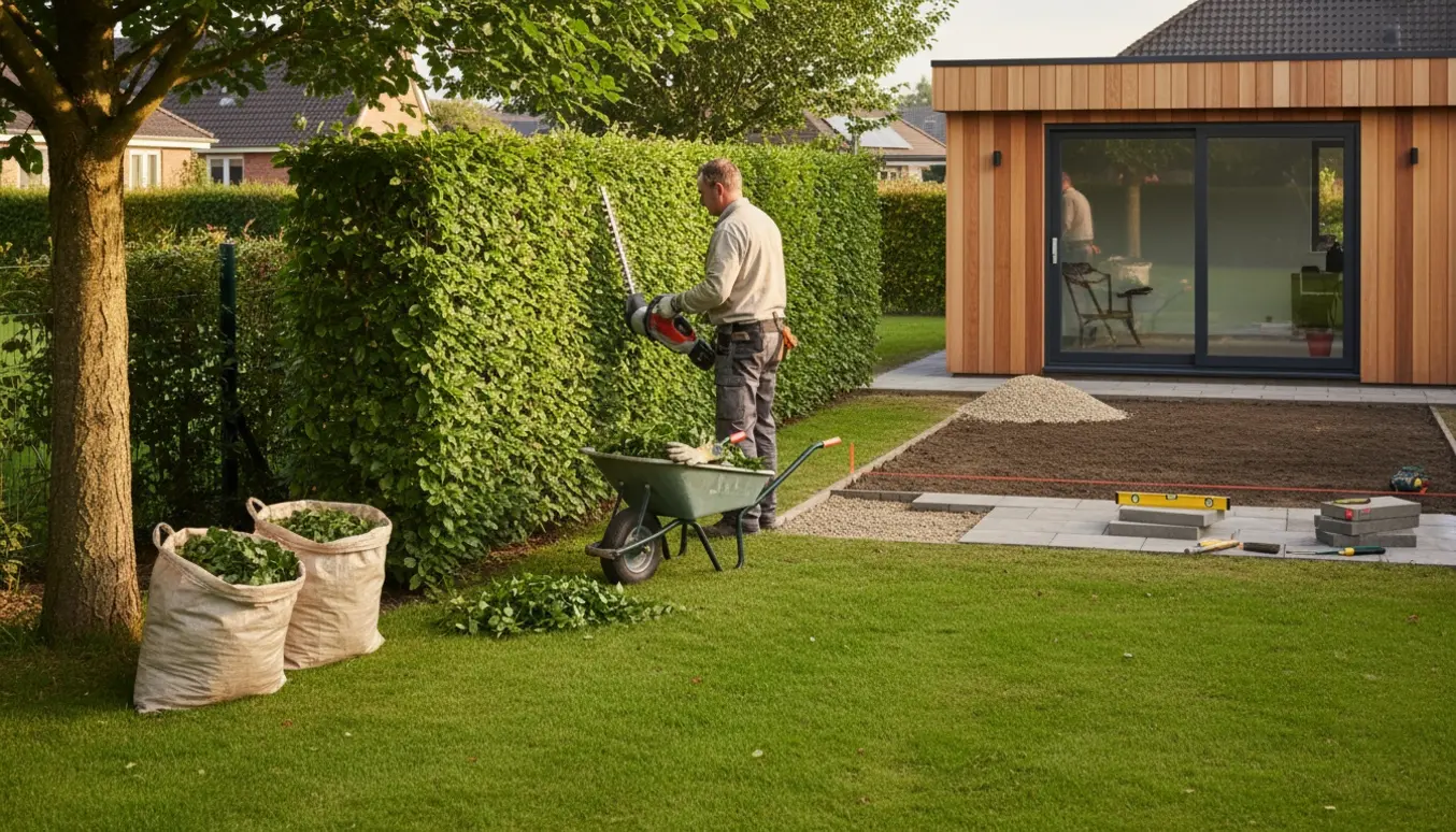 Hækkeklipning ved et anneks med fyldte haveaffaldssække, jord, grus og fliser klar til lægning.