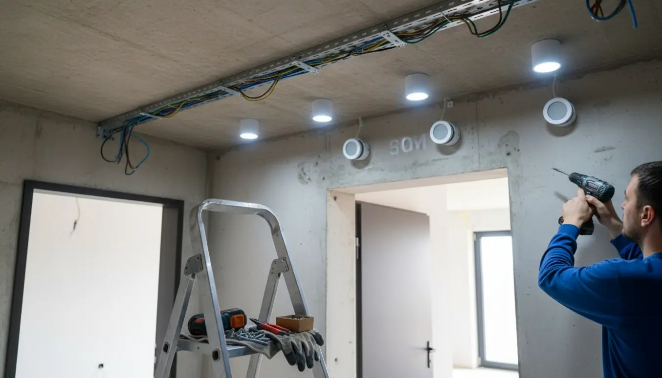 Installatør monterer LED-påbygningsspots i et betonloft over en entré med kabelbakke og stige.