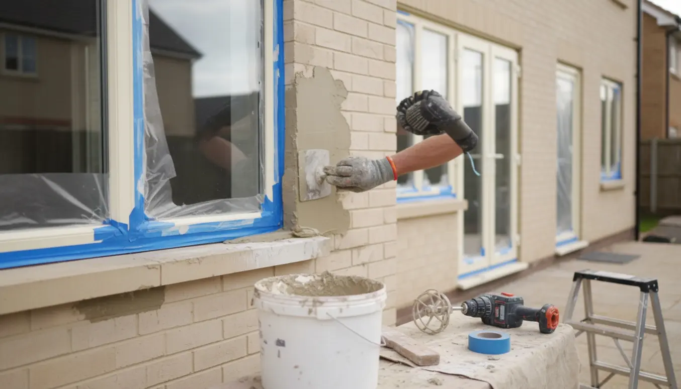Håndværker udglatter frisk puds omkring vinduer og døre på husfacaden.