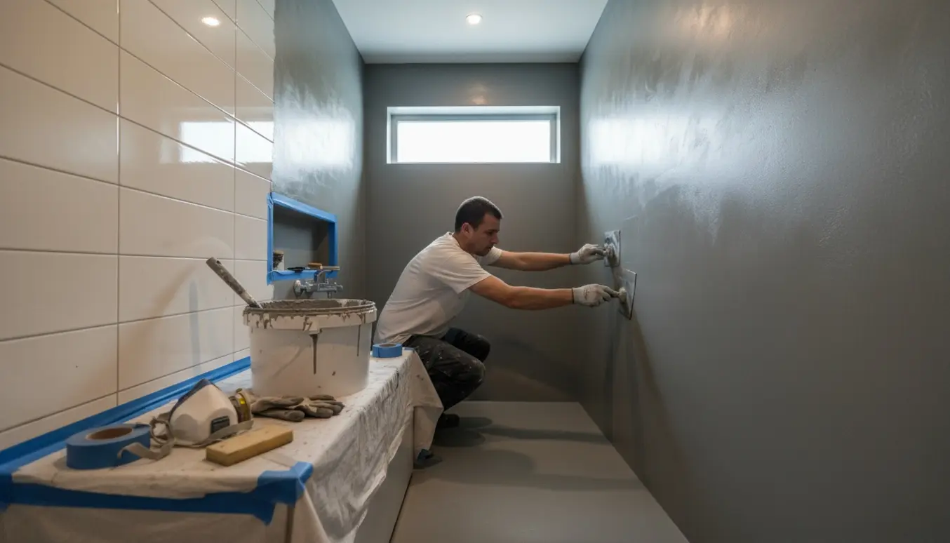 Hænder på en håndværker påfører microcement på fliser og gulv i et lille badeværelse.