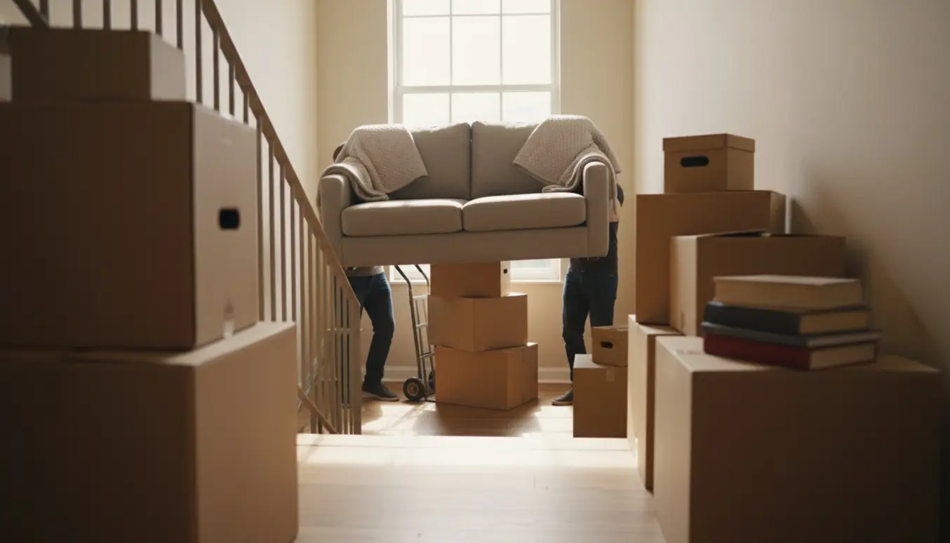To-personers sofa bæres ned ad en trappe omgivet af stabler af flyttekasser.