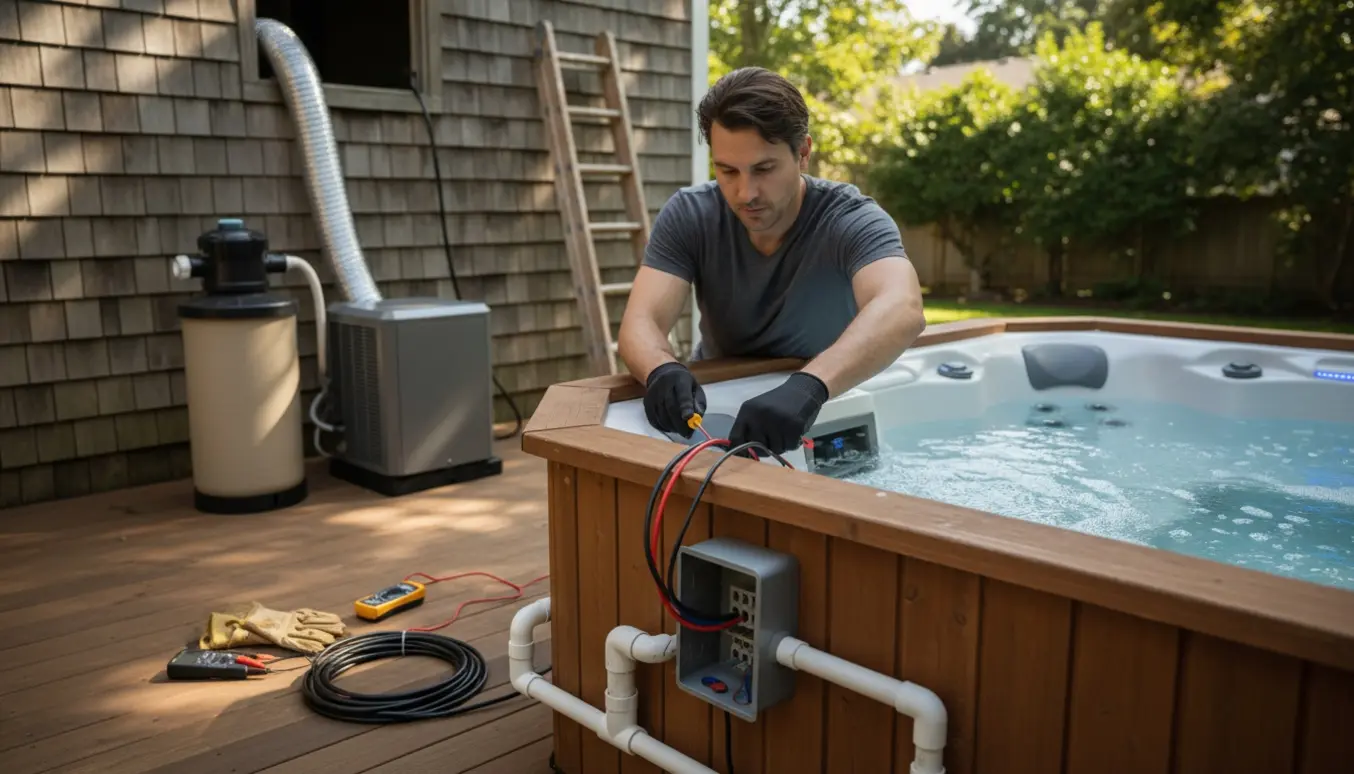 En elektriker tilslutter strøm til et vildmarksbad på en træterrasse med varmepumpe og sandfilter i baggrunden.