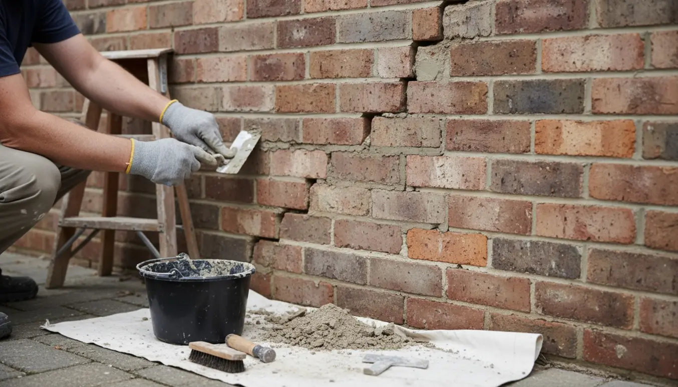 Hænder glatter ny fuge i en mur med en trappetrinsrevne fra jorden og op.
