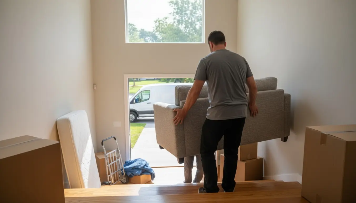 To flyttefolk bærer en sofa op ad trappe til en 2. sal, omgivet af flyttekasser, tæpper og en flyttebil uden tekst i baggrunden.