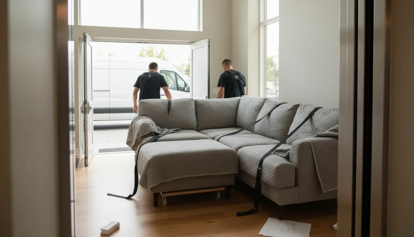 Flyttemænd løfter en delt chaiselongsofa ind i en stor elevator ved en lys opgang med flyttebilen klar udenfor.