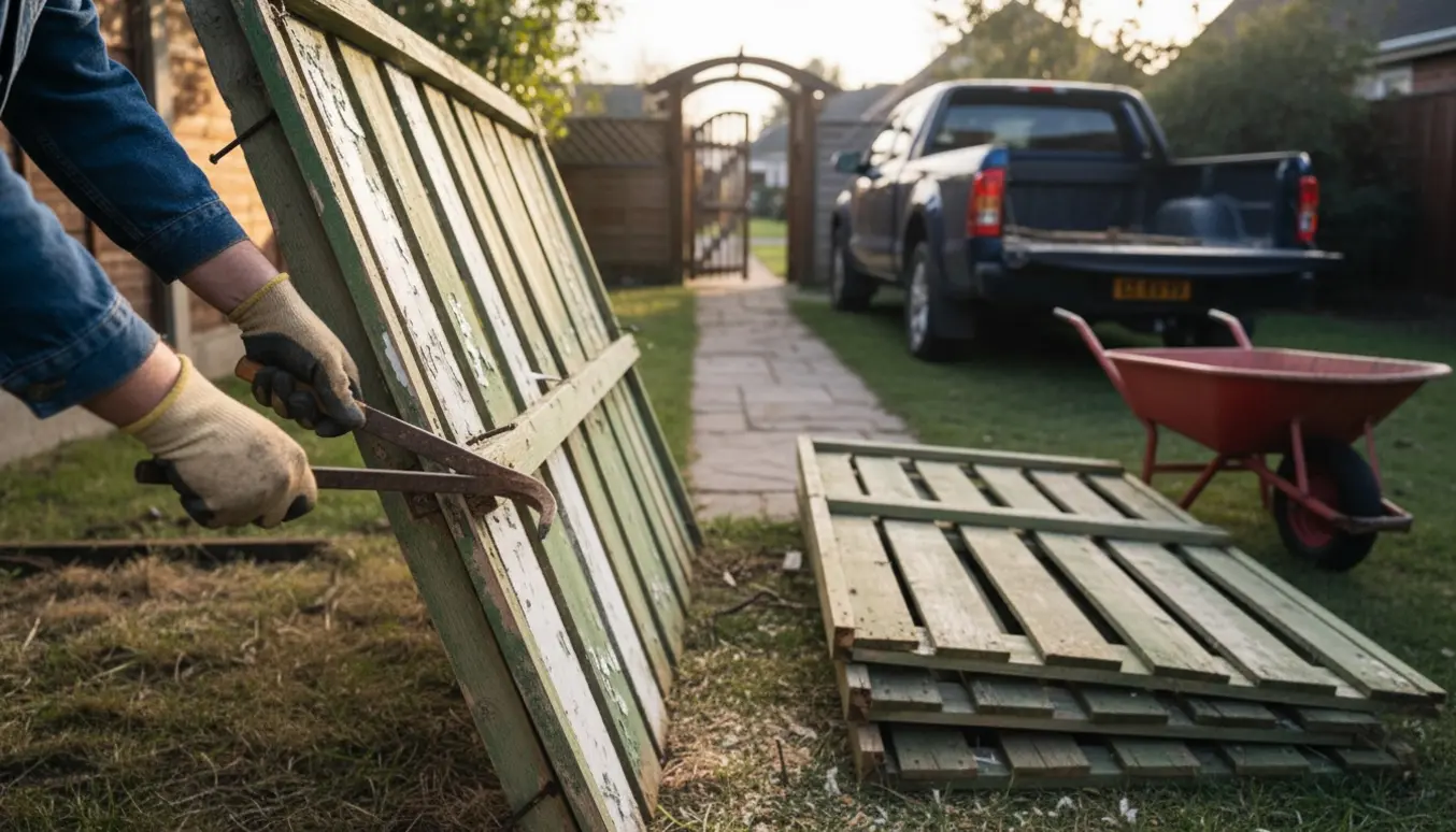 To gamle hegnssektioner fjernes og ligger klar til bortskaffelse ved en havegang med åben adgang.