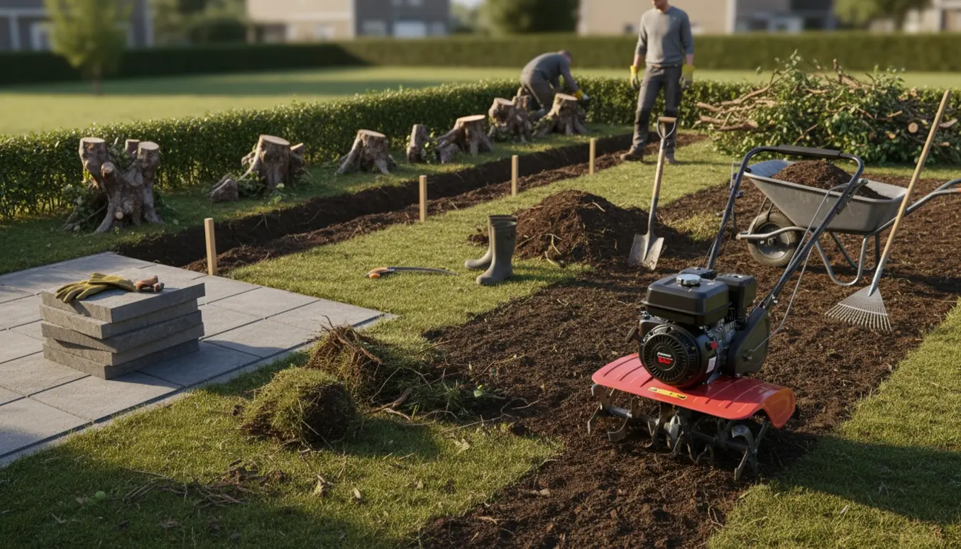 Rydning af lille baghave med havefræser, stak fliser, udgravet rende og bunke hækafklip.