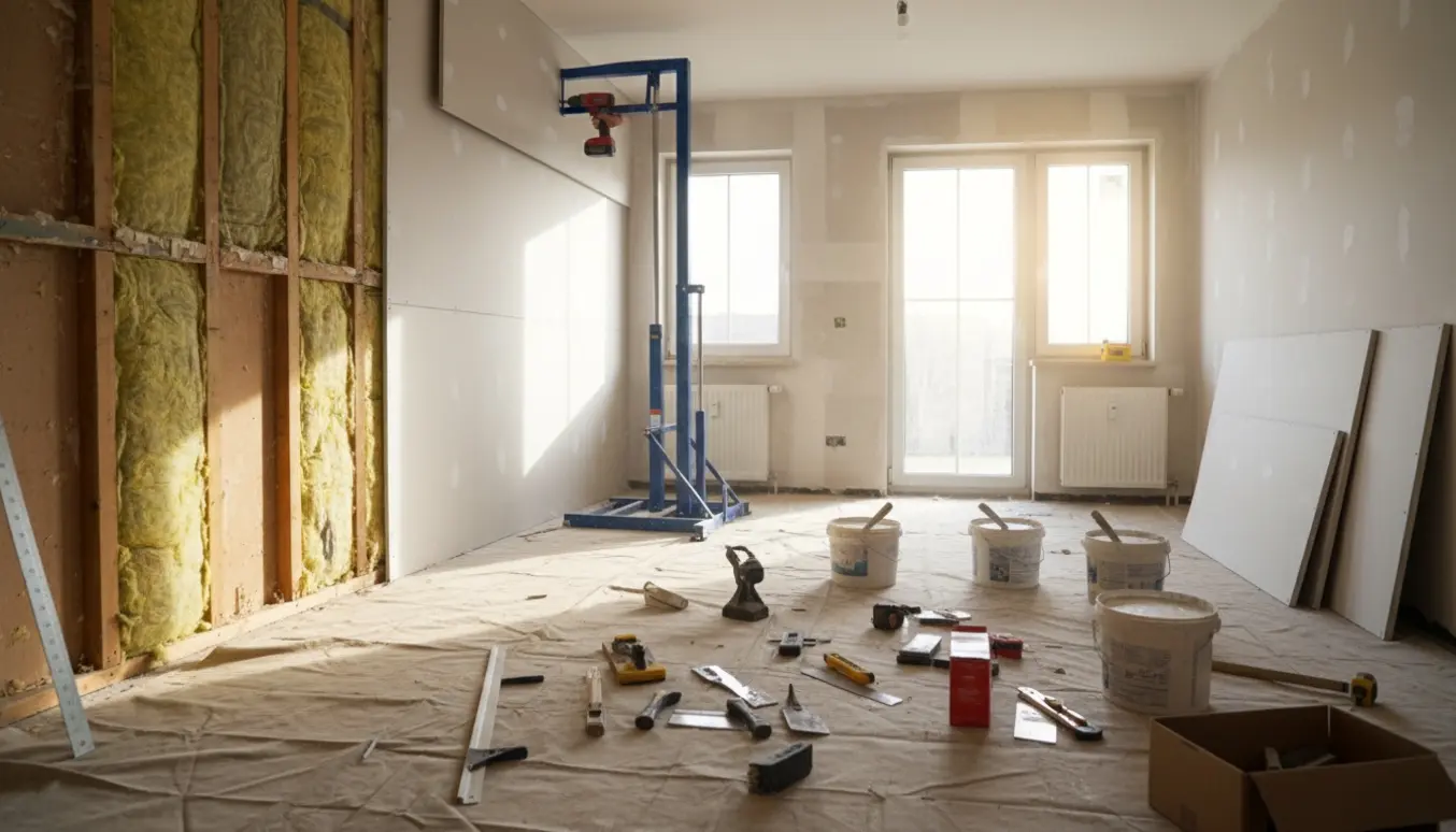 Tom stue under renovering med delvist fjernede gipsplader, nye plader, værktøj og afdækket gulv ved skydedøre til haven.