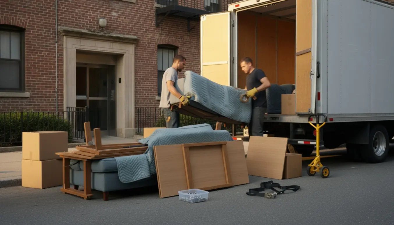 To flyttemænd læsser adskilte møbler og småting ind i en varevogn foran en lejlighed med åben elevator.