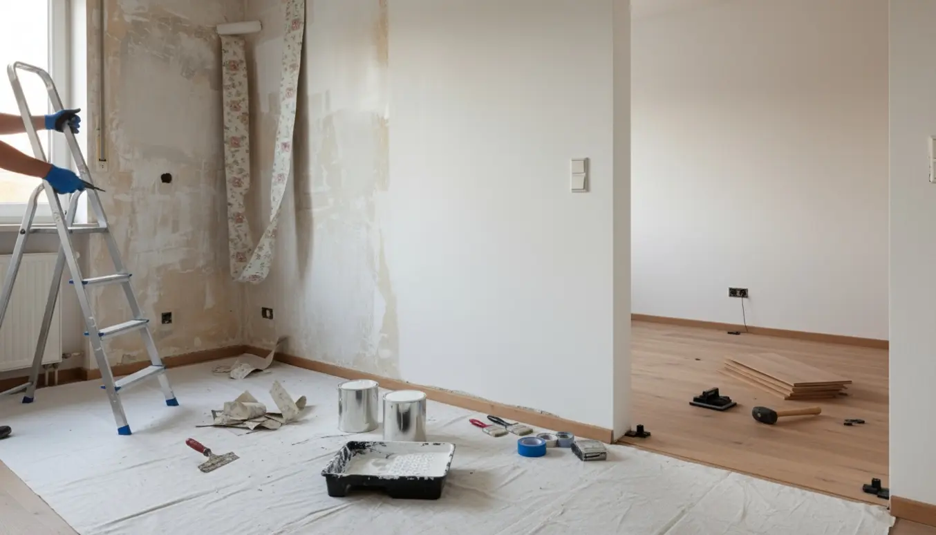 Tom lejlighed under renovering med afrevet tapet, malerudstyr og nylagt klikgulv.