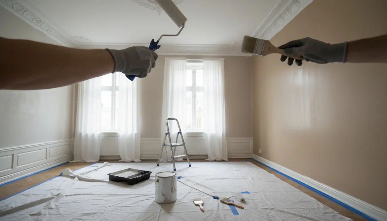 En malers hånd maler loft og stuk i en stue med gulvet dækket og malerredskaber klar.