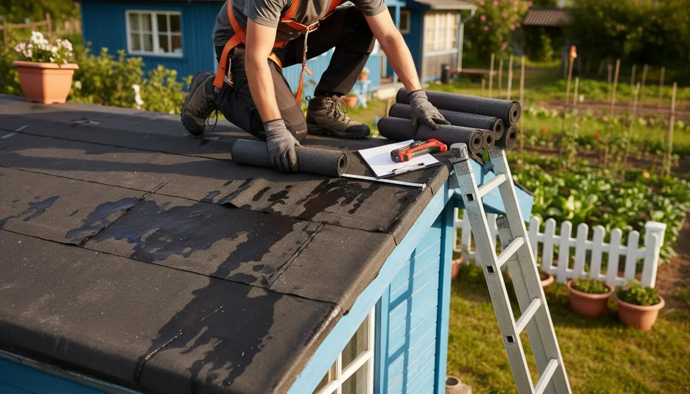 Håndværker vurderer det slidte tagpaptag på et lille kolonihavehus med ruller tagpap og værktøj.