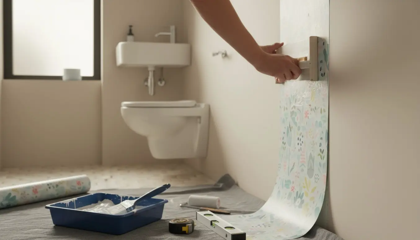 Hænder opsætter tapet i et lille toilet med tapetværktøj og et toilet i baggrunden.