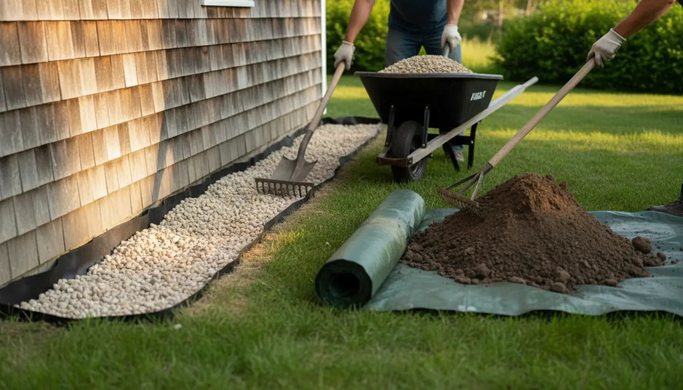 Rende gravet langs et sommerhus hvor handsker og værktøj flytter småsten ned i en trillebør ved siden af en bunke jord.