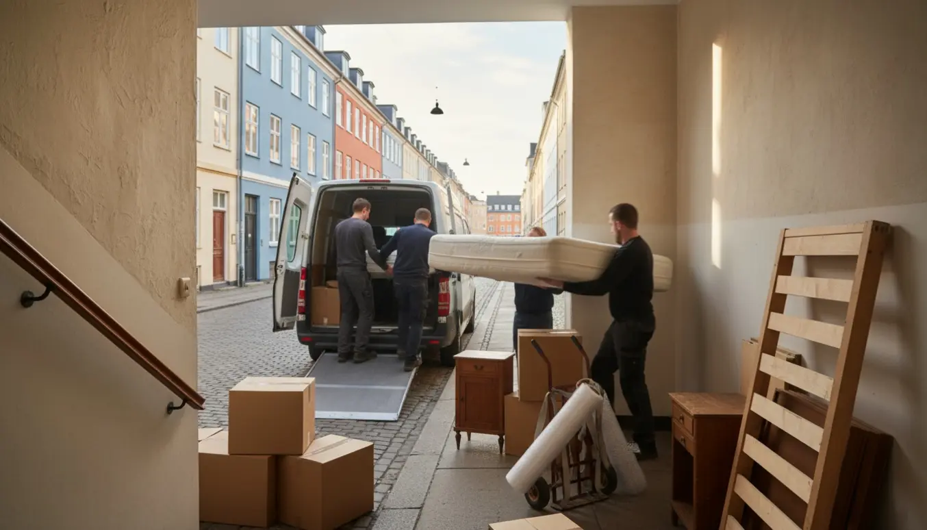 Flytning med flyttebil hvor personer bærer en dobbeltseng og stabler flyttekasser ved en trappe.
