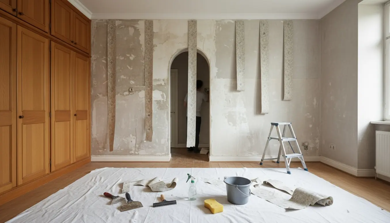 Soveværelse med delvist fjernet tapet, værktøj på beskyttelsesdug og et stort skab langs den ene væg.