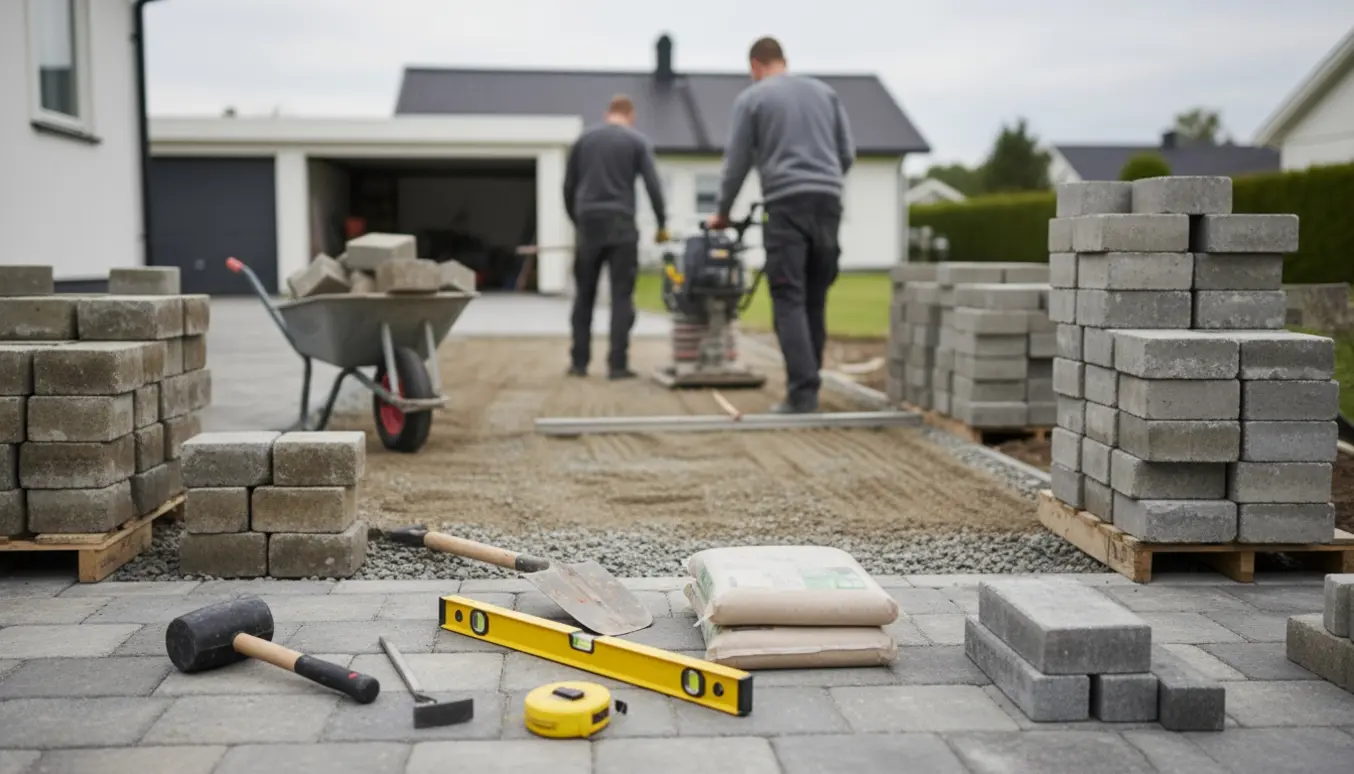 Indkørsel under brolægningsarbejde med fjernede fliser, udjævnet underlag og værktøj klar.