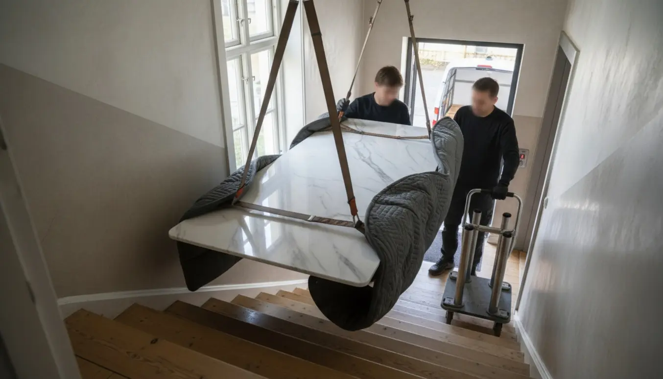To flyttemænd bærer en poleret marmor bordplade ned ad en trappe med stålben på en tralle i baggrunden.