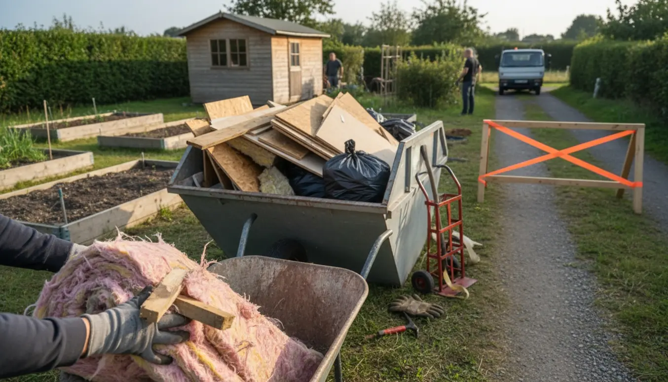 Blandede byggematerialer og isolering i en kolonihave ved en container og spærret smal indkørsel, klar til bortskaffelse.