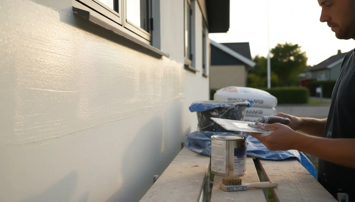 En håndværker set bagfra udjævner det sidste lag puds på en husfacade med murske og pudsebræt.